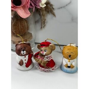3 VTG Jasco Taiwan Ceramic Bear Christmas‎ Bell Ornaments Festive Holiday Decor